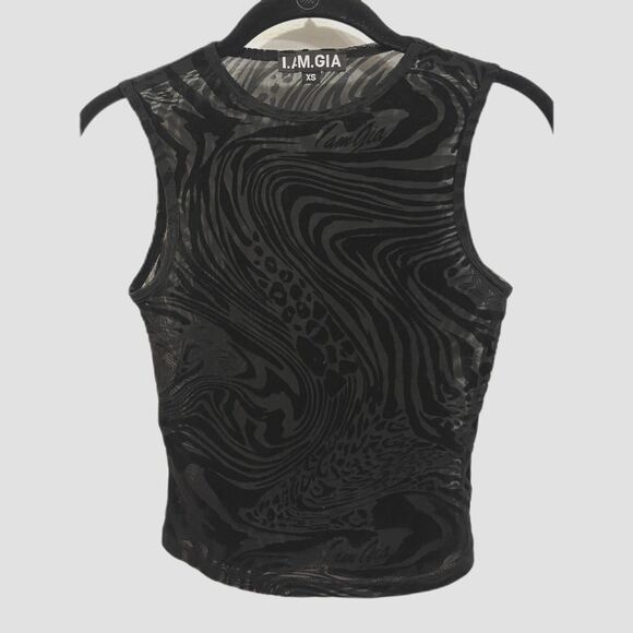I.AM.GIA. Black Sheer Zip Zag Pattern Club Rave Tank Top Shirt Women's Size XS - Picture 2 of 8